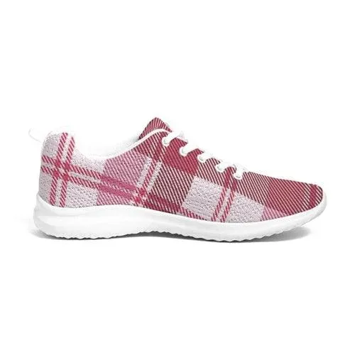 Womens Sneakers - Pink and White Plaid Running Sports Shoes