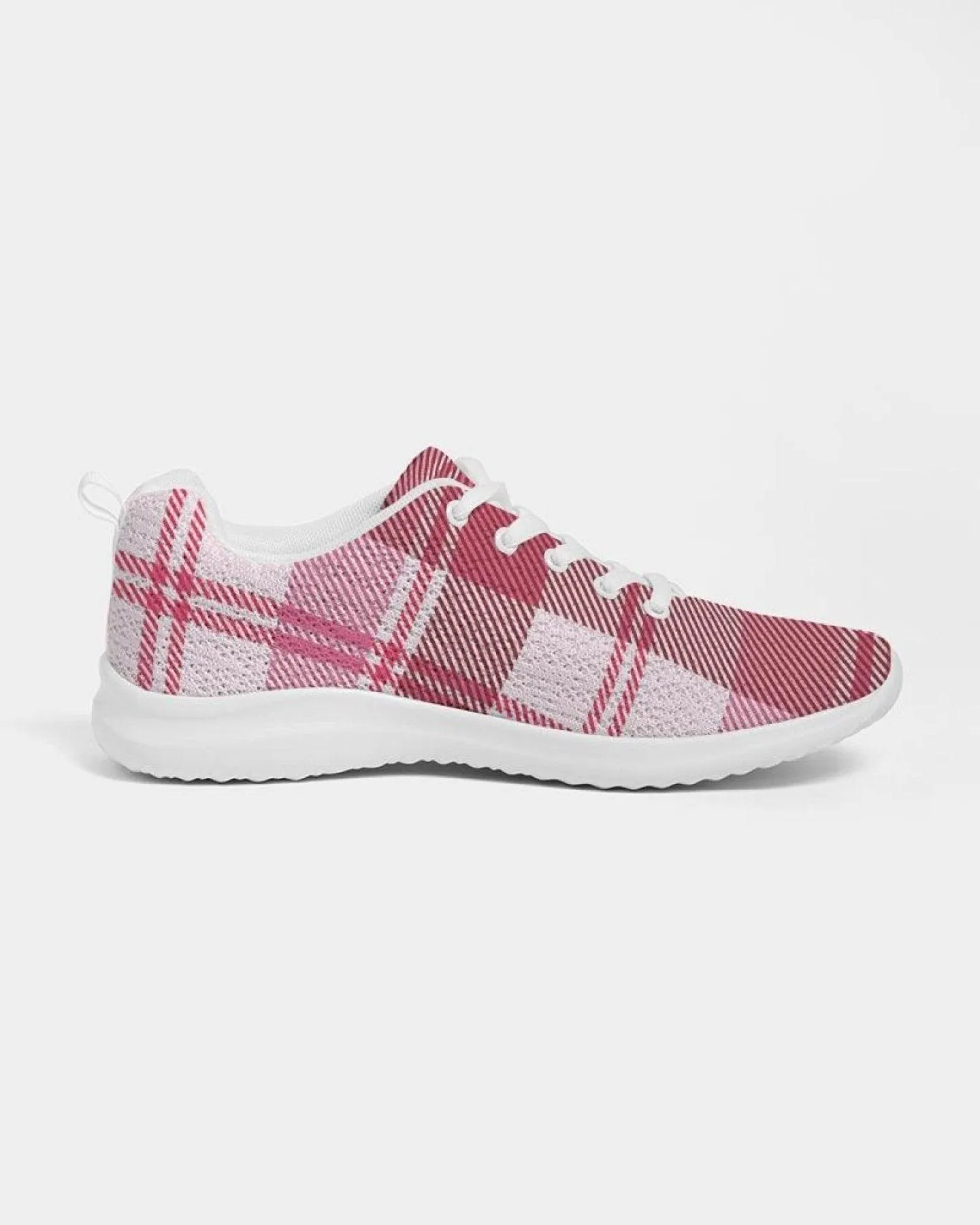 Womens Sneakers - Pink and White Plaid Running Sports Shoes