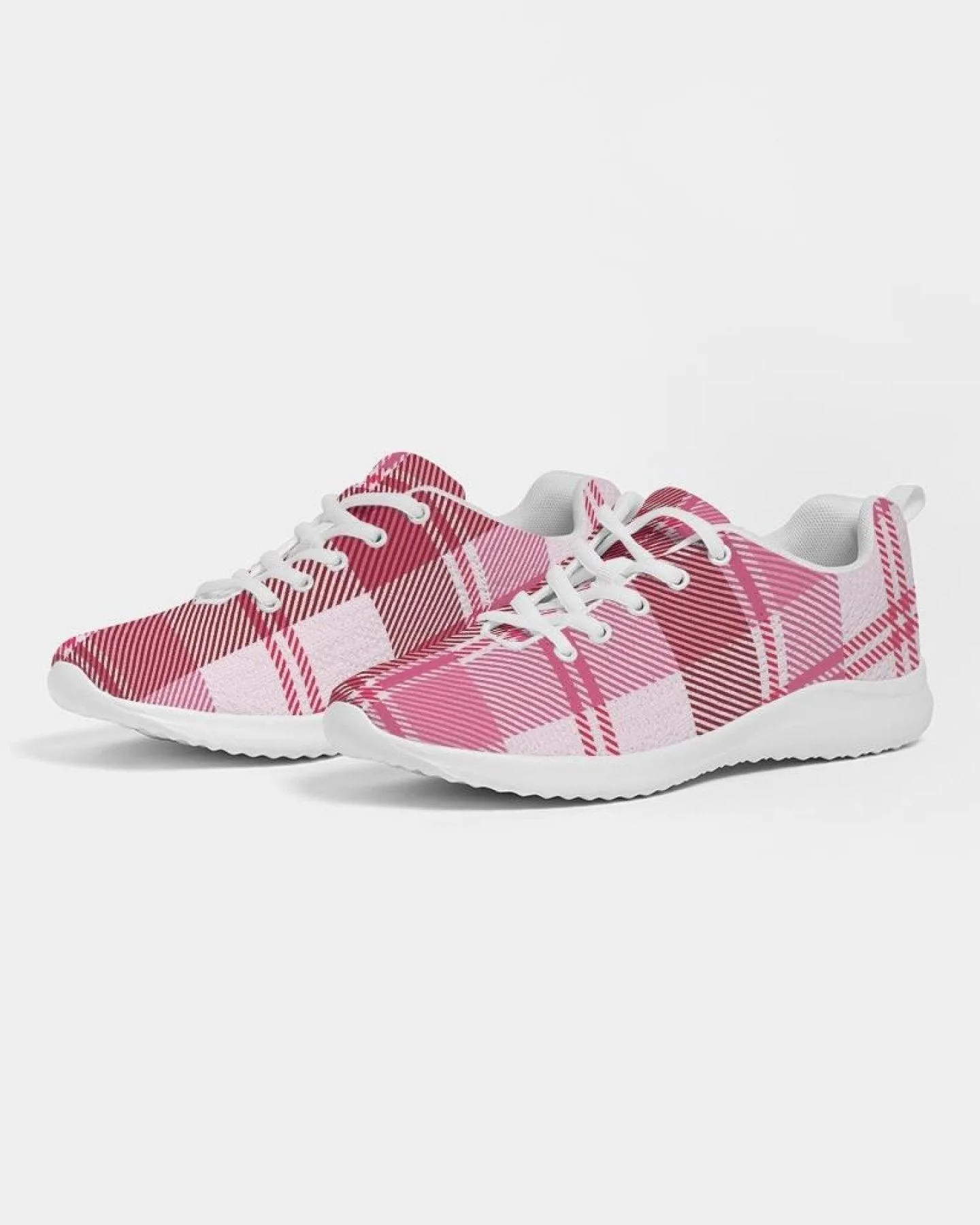 Womens Sneakers - Pink and White Plaid Running Sports Shoes